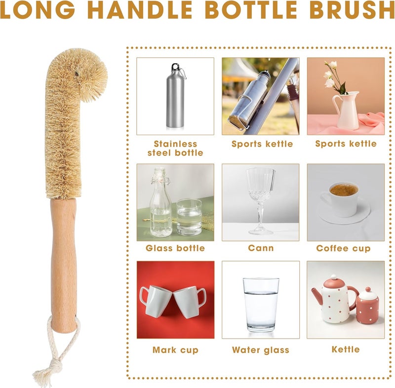 Marsrut 2PCS Coconut Brush Fiber Bottle Wooden Cleaning Brush Scrub Head for Deep Pan Cleaning Washing Sturdy EcoFriendly with Natural Wood Handle Holder Bristle Scrubber Set for Kitchen Dishes Vegetable - Image 4