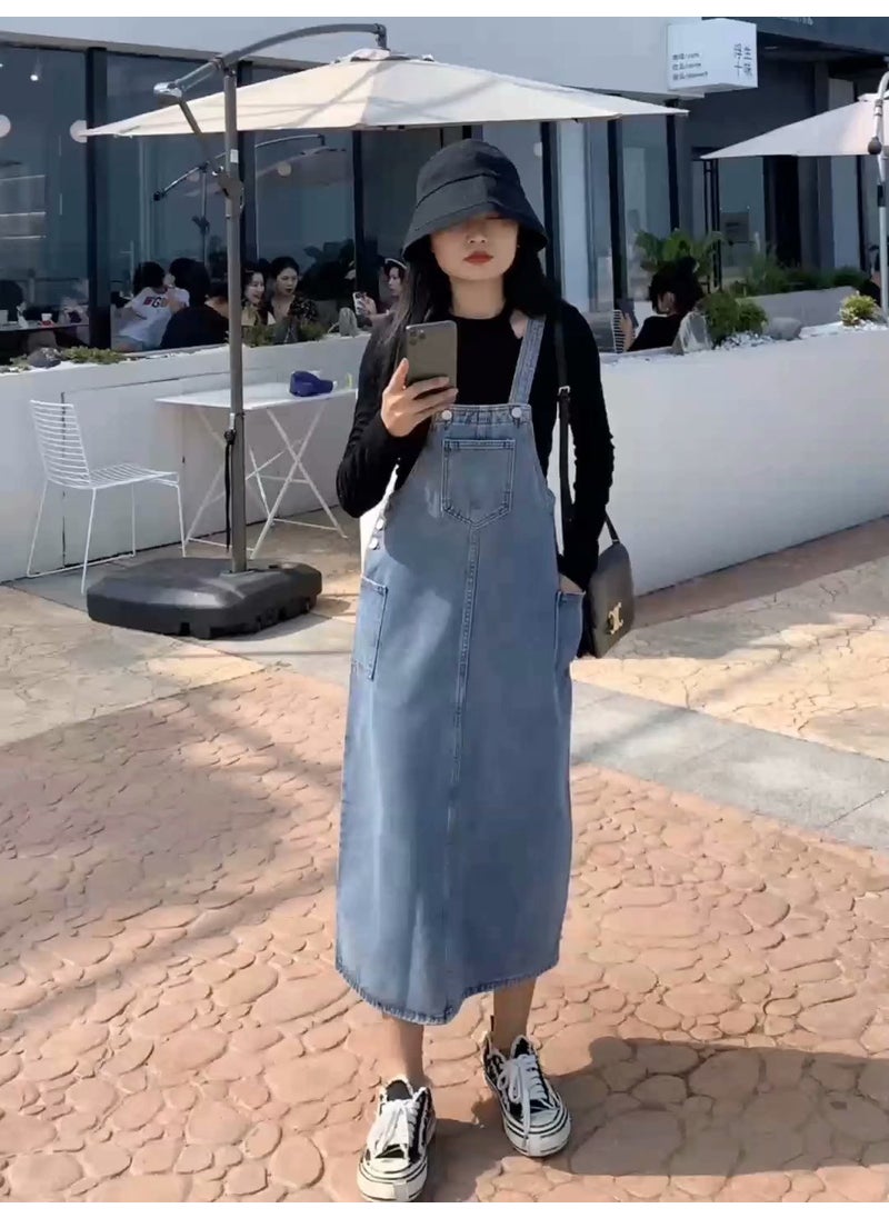 2024 Autumn Denim Retro Midi Jumper Dress Women Blue