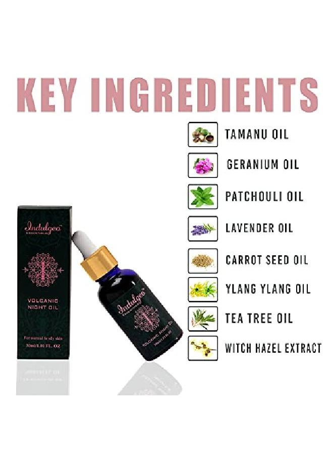 Indulgeo ESSENTIALS Volcanic Night Oil (30 mL) Acne and Pimple Treatment for Oily skin | Oil Balancing Pimple Spot Treatment For Men and Women Prevent Sun Damage And Tanning | Tamanu Oil | Ayush Certified100% Organic  - Image 3