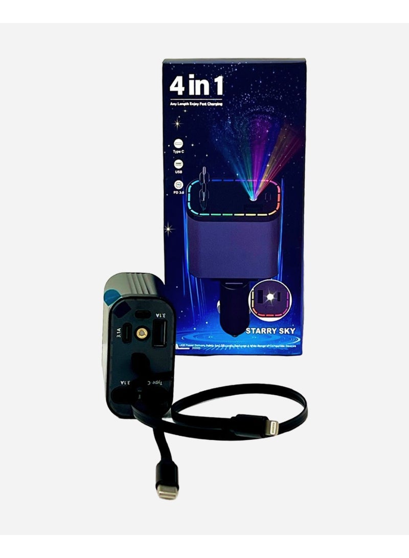 4-in-1 90W Car Charger with Red LED Starry Sky Light and Type-C + Lightning + USB-A + USB-C Ports - Image 2
