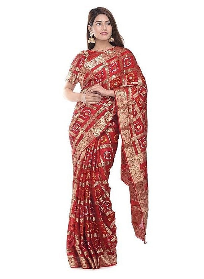 PK MART Women's Bandhani Banarasi Gharchola Art Silk Saree, Traditional Jaipuri, 5.5 Metre with unstitched Blouse Piece, Running blouse (Red) - Image 1