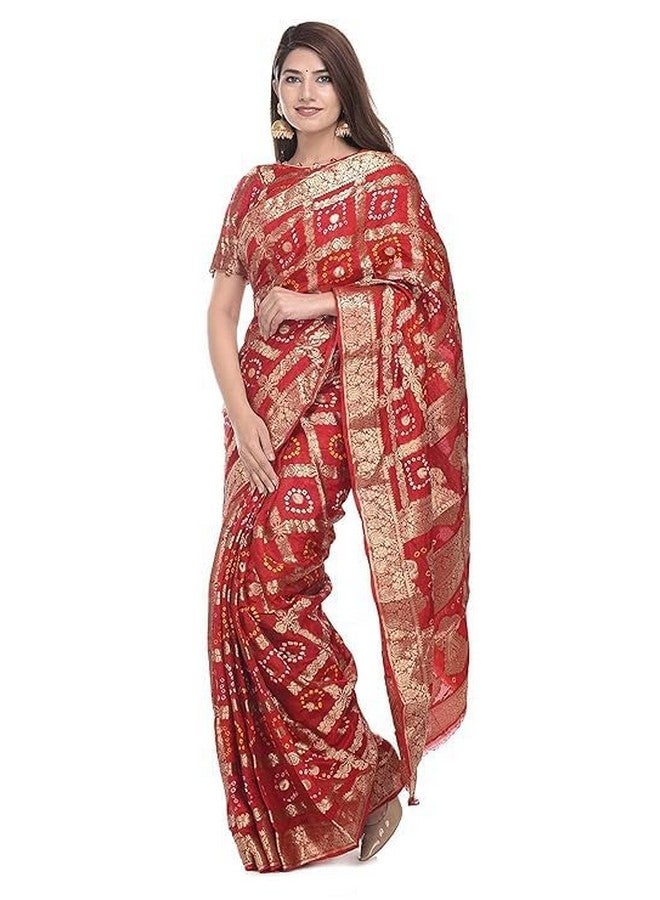 PK MART Women's Bandhani Banarasi Gharchola Art Silk Saree, Traditional Jaipuri, 5.5 Metre with unstitched Blouse Piece, Running blouse (Red) - Image 2