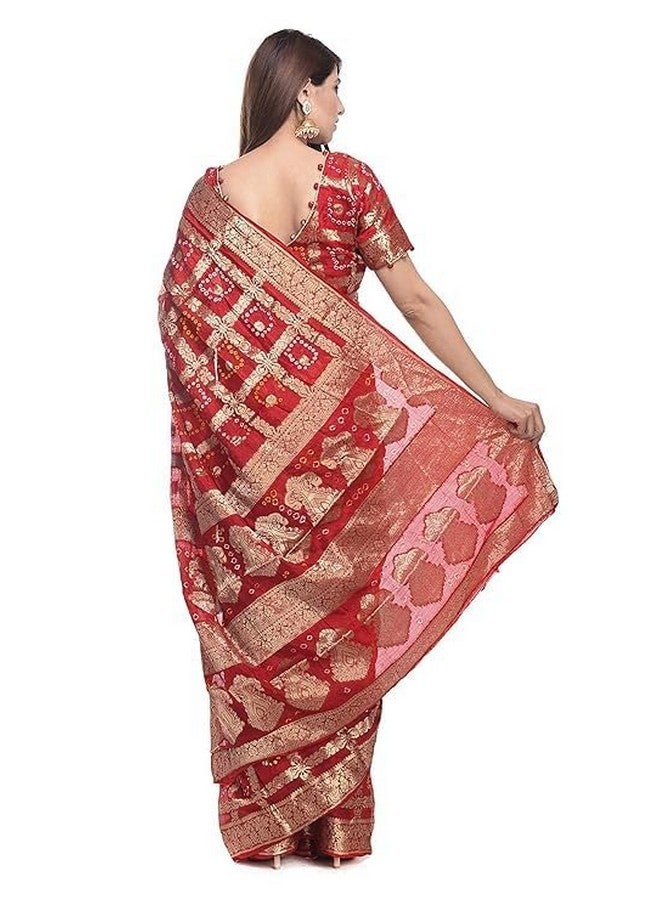 PK MART Women's Bandhani Banarasi Gharchola Art Silk Saree, Traditional Jaipuri, 5.5 Metre with unstitched Blouse Piece, Running blouse (Red) - Image 3