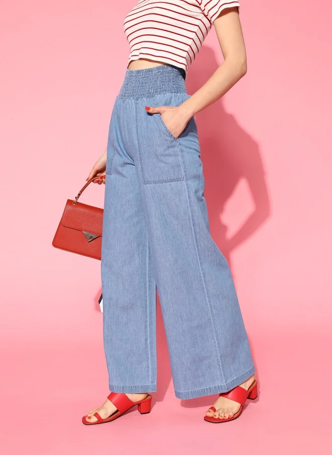 ساسافراس Stunning Blue Solid Elevated Bottom Trousers for Women