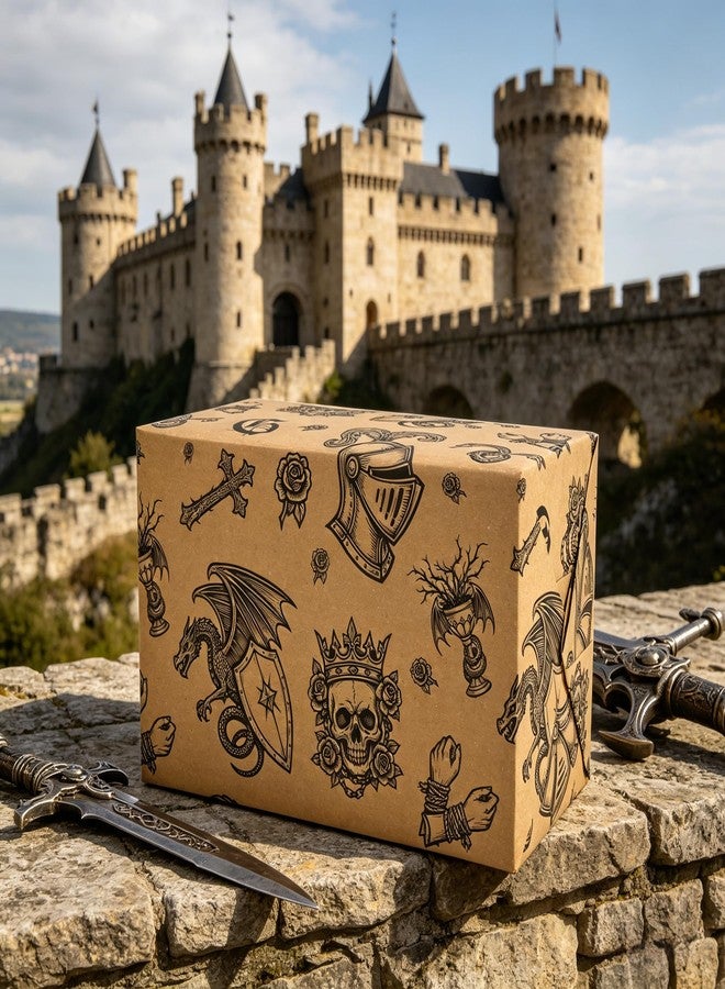 Vnaaem Kraft Dragon Wrapping Paper Roll for Teens Adults Gamers - Vintge Medieval Fantasy Themed Dragon Knight Gothic Design Gift Wrap for Holiday Party Supplies(Total 28.5sq.ft - Image 3