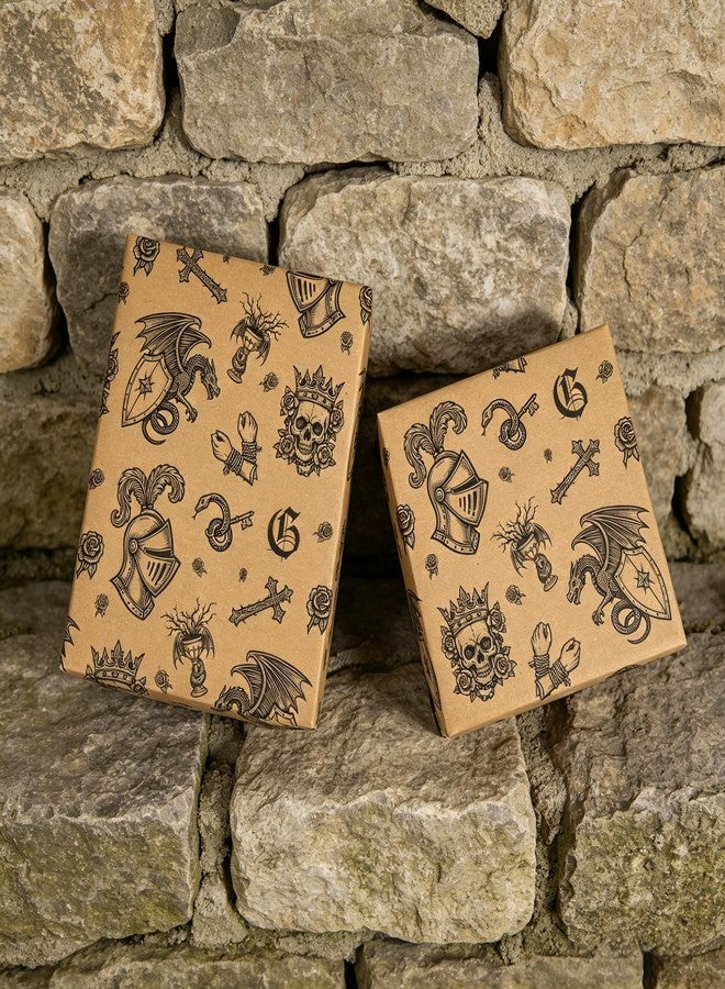 Vnaaem Kraft Dragon Wrapping Paper Roll for Teens Adults Gamers - Vintge Medieval Fantasy Themed Dragon Knight Gothic Design Gift Wrap for Holiday Party Supplies(Total 28.5sq.ft - Image 2