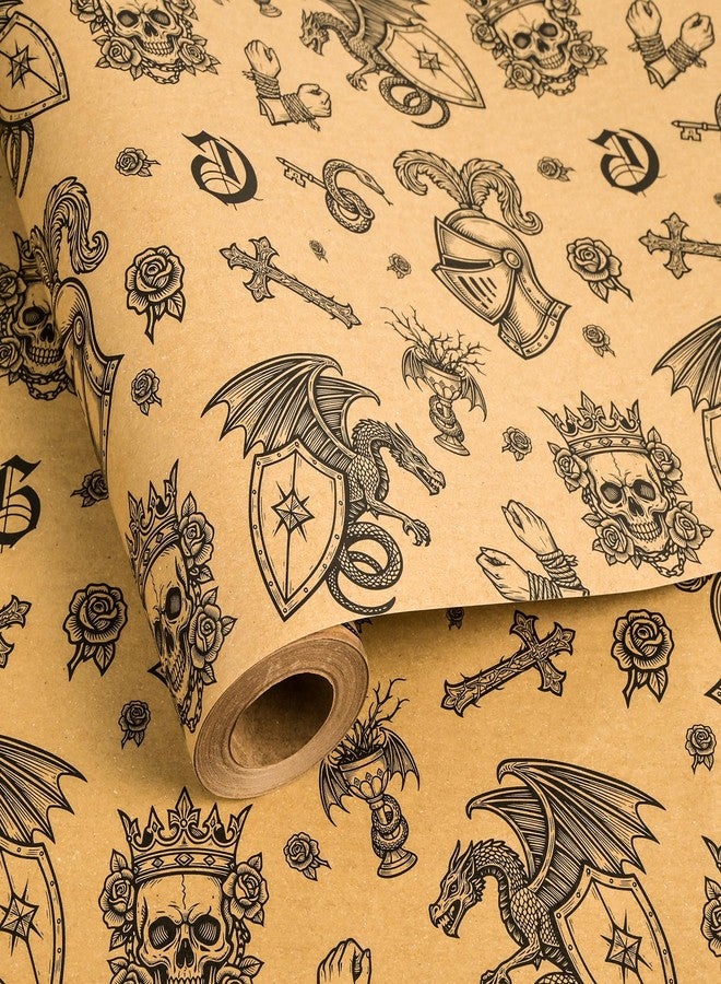 Vnaaem Kraft Dragon Wrapping Paper Roll for Teens Adults Gamers - Vintge Medieval Fantasy Themed Dragon Knight Gothic Design Gift Wrap for Holiday Party Supplies(Total 28.5sq.ft - Image 1