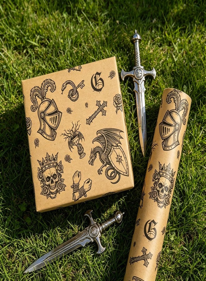 Vnaaem Kraft Dragon Wrapping Paper Roll for Teens Adults Gamers - Vintge Medieval Fantasy Themed Dragon Knight Gothic Design Gift Wrap for Holiday Party Supplies(Total 28.5sq.ft - Image 4