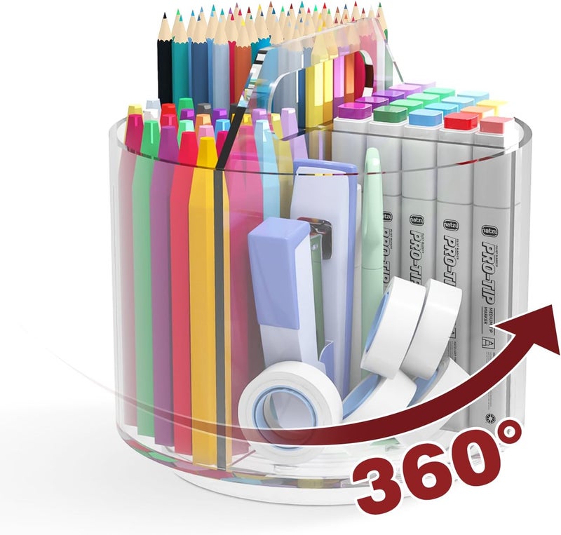 Absonic Pencil Holder for Kids, 360 Rotating Pen Holder for Desk Organizer and Storage, 4 Compartments Art Supply Marker Organizer, Acrylic Kids Desk Organizer for School Lazy Susan Organizer - Image 1