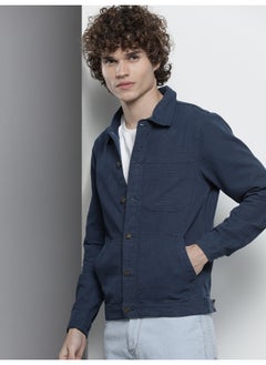 The Indian Garage Co Men True Blue Slim Fit Patch Pocket Oxford Trucker Jacket  - Image 3
