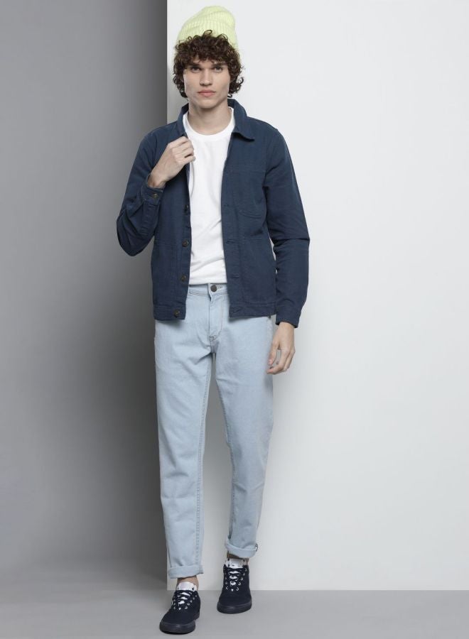 Men Slim Fit Solid Trucker Jacket