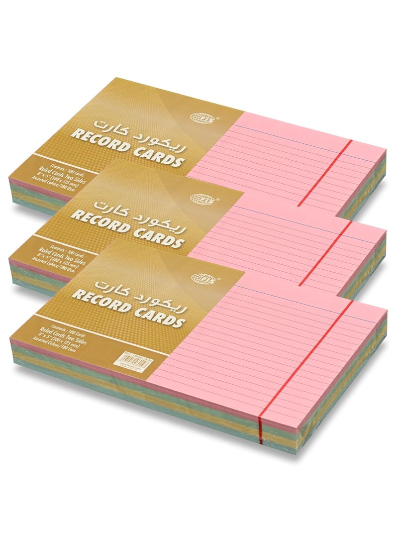 FIS® Ruled Record Cards or Index Cards, Size:8"x5" Inches (203x127mm), Two Sides Single Ruled, 180gsm, 100 Sheets Per Packet,Packet of 3 Pieces, 4 Assorted Colors-FSIC85-1804C-3 - Image 1
