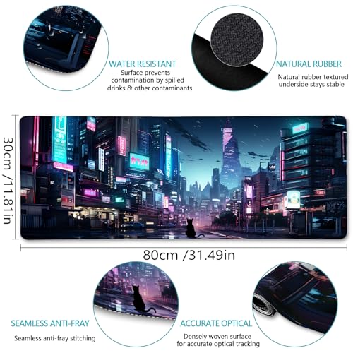 LIMKRIAN Cyberpunk Mouse Pad, Japanese Anime Cat Desk Mat, Neon Tokyo Extended Gaming Mouse Pads for Desktop Computer Laptop Office Work Game Home, 31.5x11.8 in - Image 5