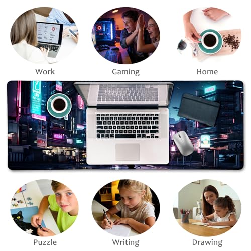 LIMKRIAN Cyberpunk Mouse Pad, Japanese Anime Cat Desk Mat, Neon Tokyo Extended Gaming Mouse Pads for Desktop Computer Laptop Office Work Game Home, 31.5x11.8 in - Image 3