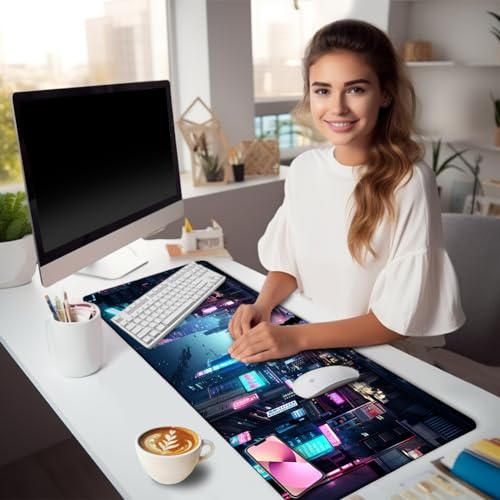 LIMKRIAN Cyberpunk Mouse Pad, Japanese Anime Cat Desk Mat, Neon Tokyo Extended Gaming Mouse Pads for Desktop Computer Laptop Office Work Game Home, 31.5x11.8 in - Image 2