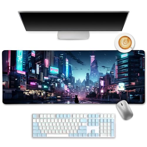 LIMKRIAN Cyberpunk Mouse Pad, Japanese Anime Cat Desk Mat, Neon Tokyo Extended Gaming Mouse Pads for Desktop Computer Laptop Office Work Game Home, 31.5x11.8 in - Image 1