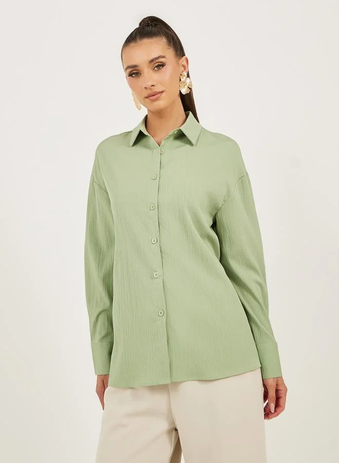 Styli Textured Long Sleeve Oversized Shirt