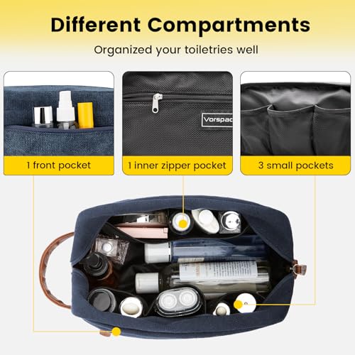 Vorspack Toiletry Bag Hanging Dopp Kit for Men Water Resistant Canvas Shaving Bag with Large Capacity for Travel - Navy Blue - Image 4