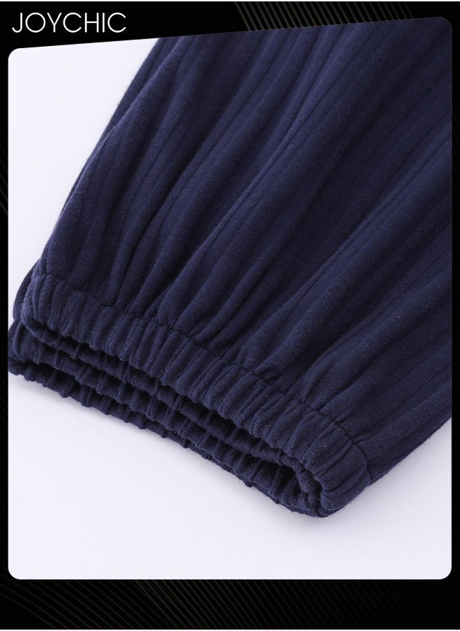 Joychic - Men Spring and Autumn Pajama Bottom Double-side Pure Cotton Skin-friendly Sleep Trousers Loose and Comfortable Home Pants with Pockets Dark Blue - Image 1