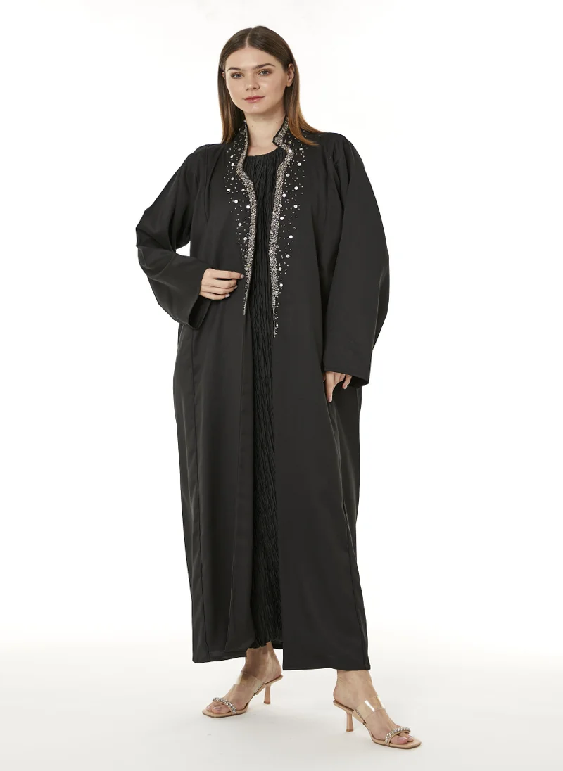 Moistreet  MOISTREET Black Indonesian Crepe Hand Embellished Abaya for Women | Best Price UAE