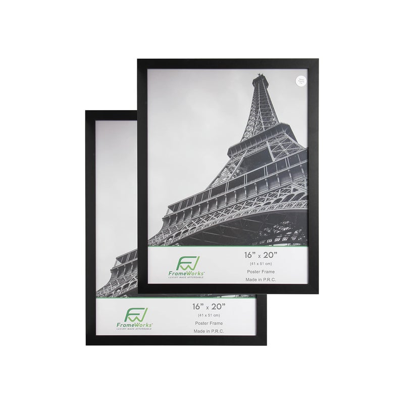 FrameWorks 16x20 Wooden Poster Frame Classic Black Matte Edged Frames wShatterproof Acrylic Glass Photos Posters Prints Wall Decor  Home Office Gallery Display  Black  2 Pack