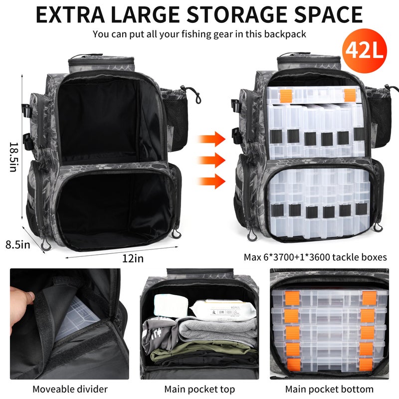 Rabjen Fishing Tackle Backpack with Rod Holders, Bottle Holder, Storage Bag Store Fishing Gear - Image 3