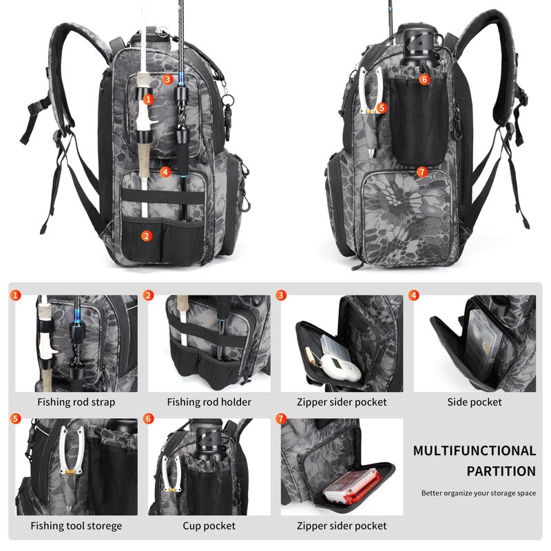 Rabjen Fishing Tackle Backpack with Rod Holders, Bottle Holder, Storage Bag Store Fishing Gear - Image 4