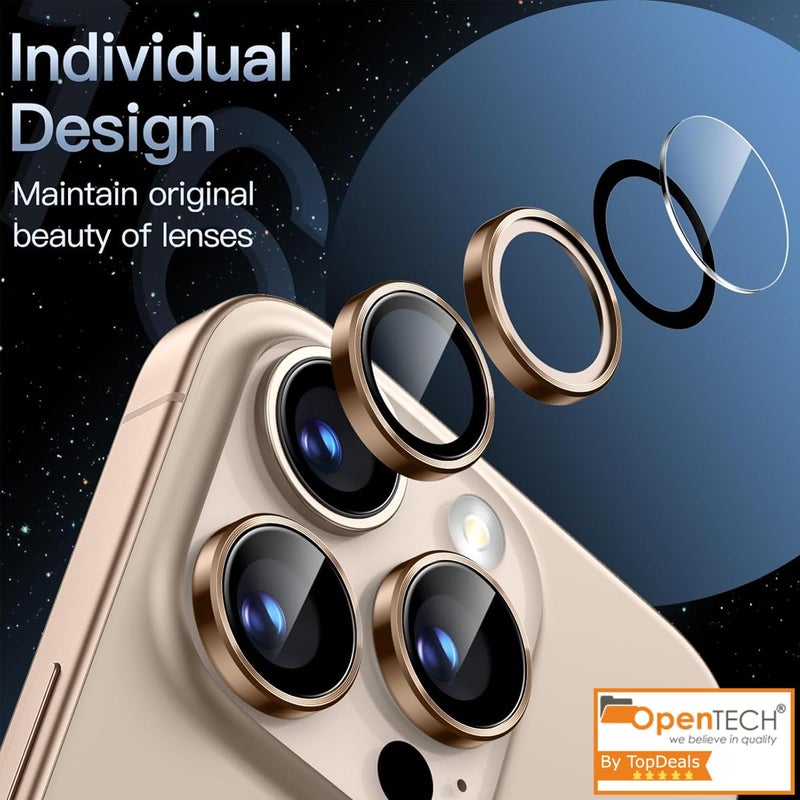 OpenTech ® Premium Camera Lens Protector Tempered Glass Compatible For iPhone 16 Pro Max / 16 Pro with Individual Camera Lens Ring Protector (Desert Titanium) - Image 2