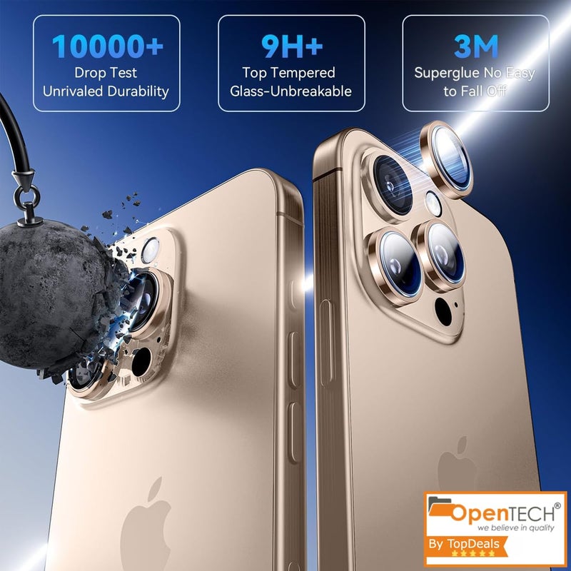 OpenTech ® Premium Camera Lens Protector Tempered Glass Compatible For iPhone 16 Pro Max / 16 Pro with Individual Camera Lens Ring Protector (Desert Titanium) - Image 4