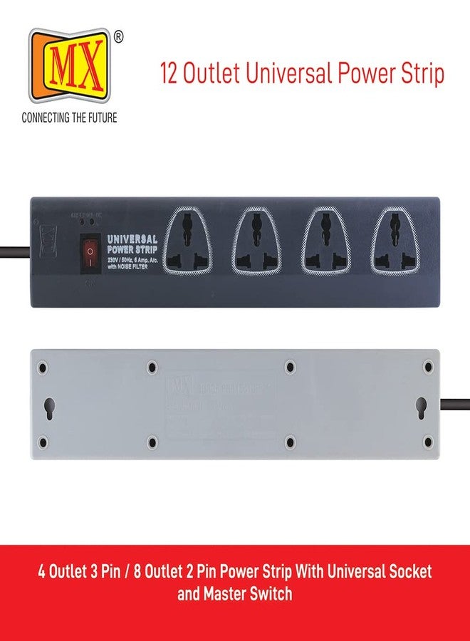 MX Power Strip with 12 Universal Socket Single Master Switch (3 Pin: 4 Way Outlet & 2 Pin: 8 Way Outlets) 1.5 Meter Power Cord- Spike Guard Extension Board - Image 2