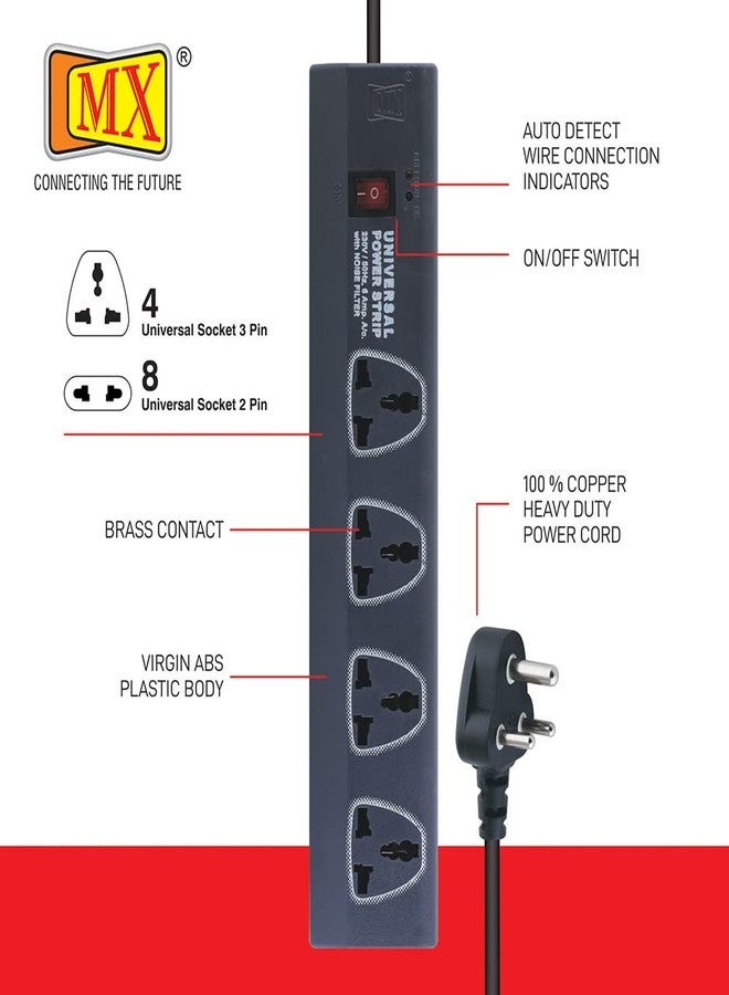 MX Power Strip with 12 Universal Socket Single Master Switch (3 Pin: 4 Way Outlet & 2 Pin: 8 Way Outlets) 1.5 Meter Power Cord- Spike Guard Extension Board - Image 3