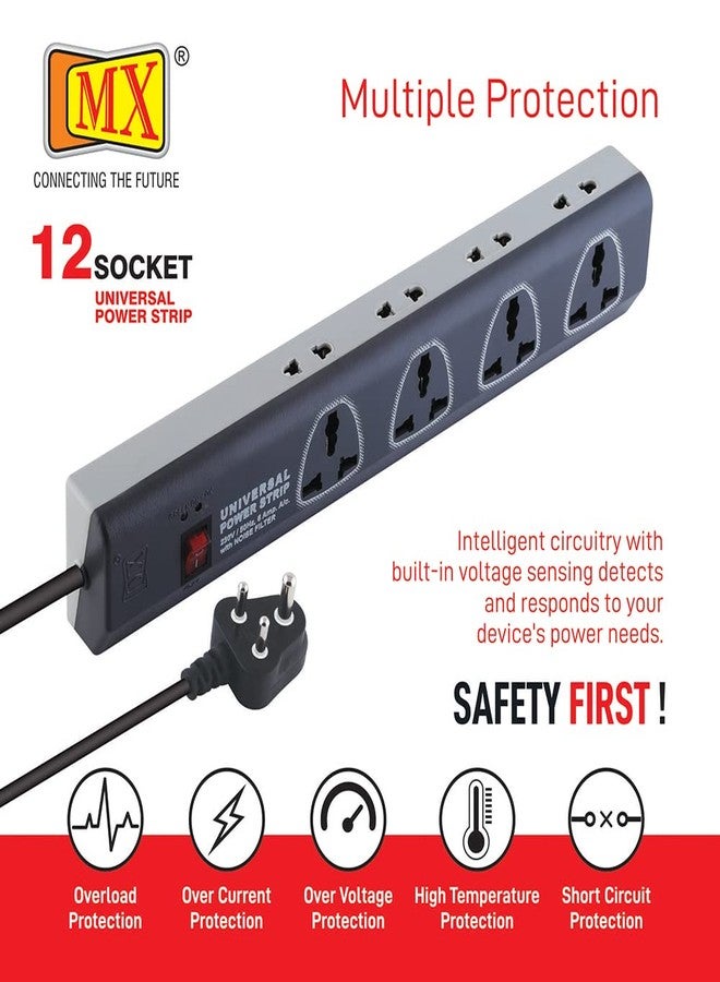 MX Power Strip with 12 Universal Socket Single Master Switch (3 Pin: 4 Way Outlet & 2 Pin: 8 Way Outlets) 1.5 Meter Power Cord- Spike Guard Extension Board - Image 4
