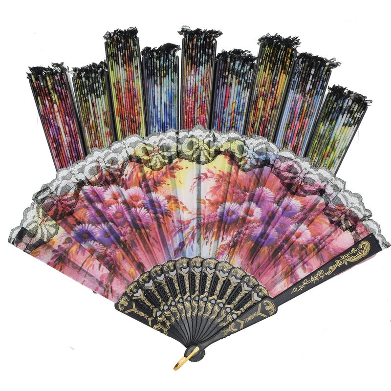 YOKIND 10 Pack Vintage Spanish Floral Folding Hand Fan Sequin Fabric Folding Handheld Hand Fan Random Color