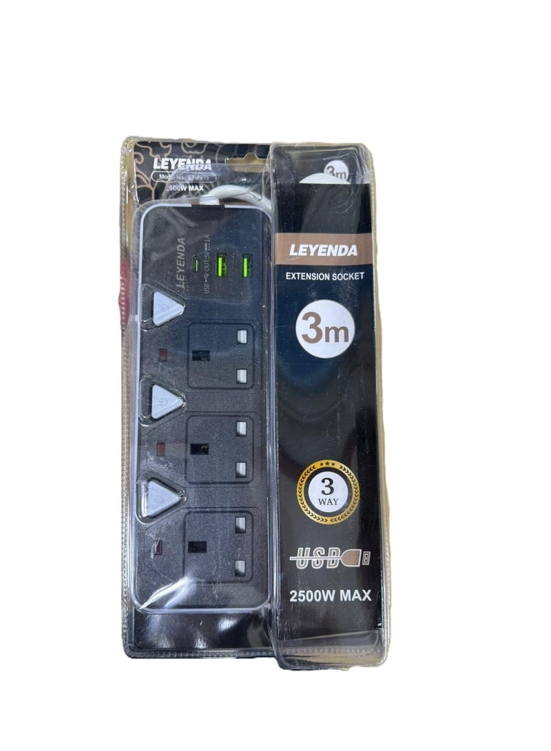 Extension Socket, Best Power Extension Cable Power Strips Extension Cord 3Sockets, 3 Meter Bold Extension 2 USB Port, 1 Type-C Port Fast Charging,