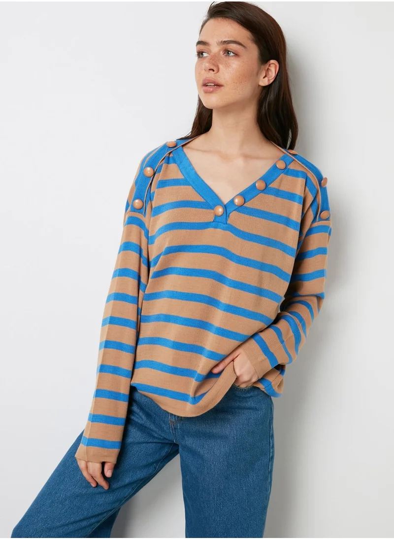 trendyol Button Detail Striped Sweater