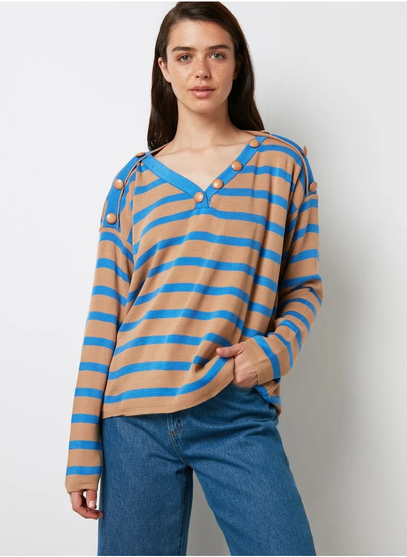 trendyol Button Detail Striped Sweater