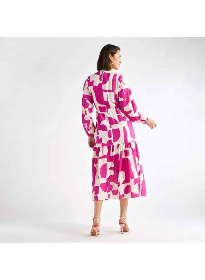 Splash FAV Printed Dress with Long Sleeves and Tie-Ups