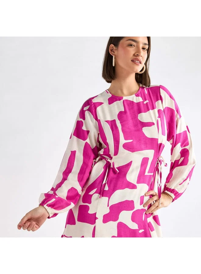 Splash FAV Printed Dress with Long Sleeves and Tie-Ups