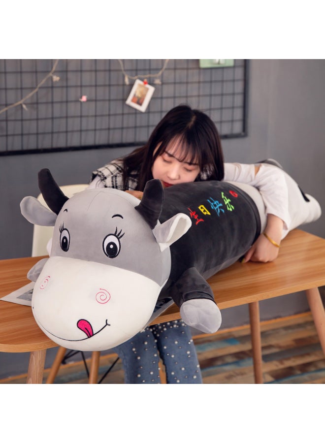 Cute Lie Cow Pillow Cow Plush Toy Long Sleeping Pillow Children's Large Doll Girls Doll Men-Specifications:1m (collect And Follow To Give Gifts)-Color:Black Clothes Squinting - Love You For A Lifetime  - Image 2