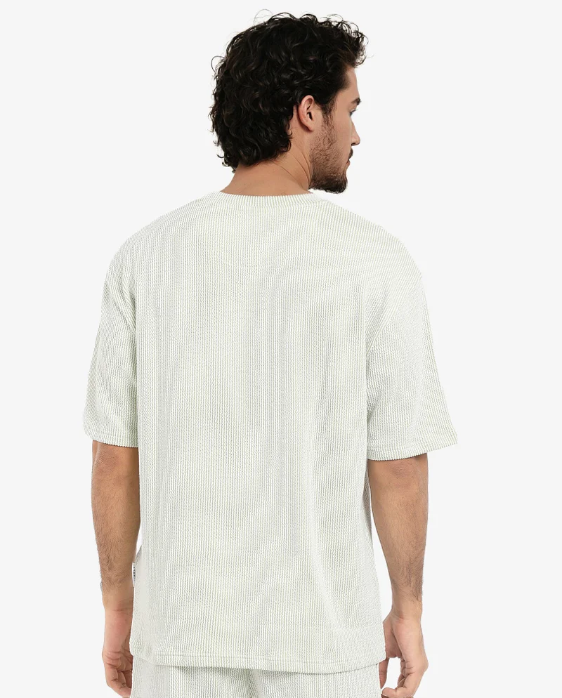 Rare Rabbit Rare Rabbit Men's Zavet-T Light Green Cotton Polyester Fabric Short Sleeves Crew Neck Oversized Fit Self Stripe Textured T-Shirt
