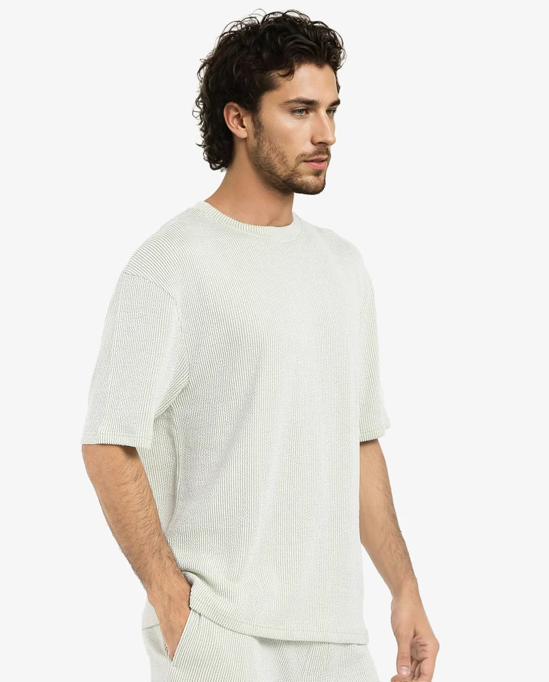 Rare Rabbit Rare Rabbit Men's Zavet-T Light Green Cotton Polyester Fabric Short Sleeves Crew Neck Oversized Fit Self Stripe Textured T-Shirt