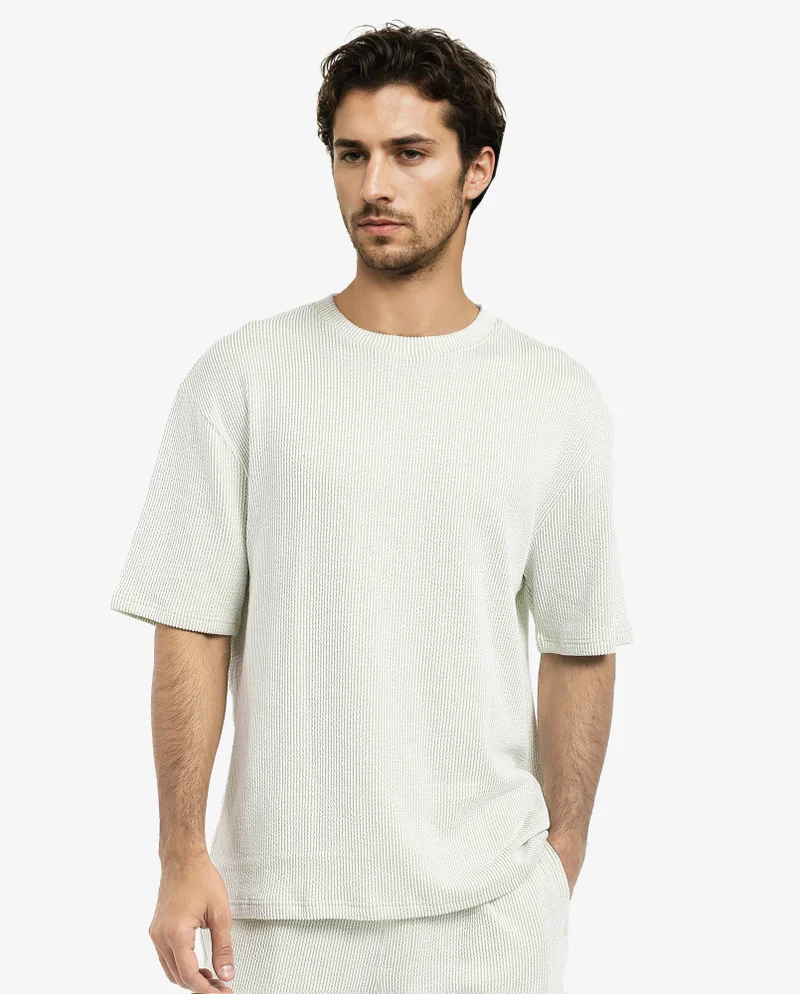 Rare Rabbit Rare Rabbit Men's Zavet-T Light Green Cotton Polyester Fabric Short Sleeves Crew Neck Oversized Fit Self Stripe Textured T-Shirt