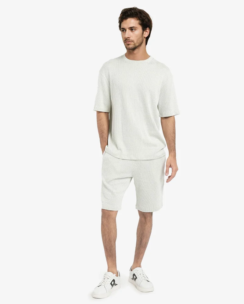 Rare Rabbit Rare Rabbit Men's Zavet-T Light Green Cotton Polyester Fabric Short Sleeves Crew Neck Oversized Fit Self Stripe Textured T-Shirt