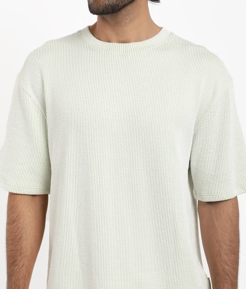 Rare Rabbit Rare Rabbit Men's Zavet-T Light Green Cotton Polyester Fabric Short Sleeves Crew Neck Oversized Fit Self Stripe Textured T-Shirt