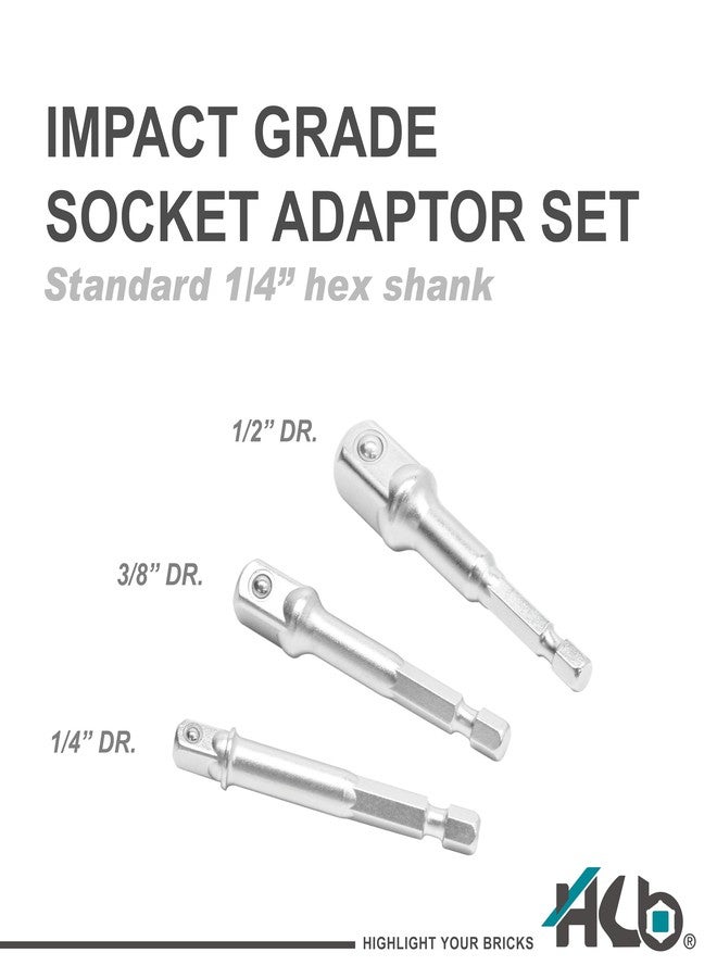 HB 3-Piece Socket Adapter Set AAM001-U | 1/4" Hex Shank Impact Driver Drill Adapters | 1/4", 3/8", 1/2" Drive | Chrome Vanadium Steel with Spring-Loaded Detent Ball | Professional Tools Made in Taiwan - Image 2