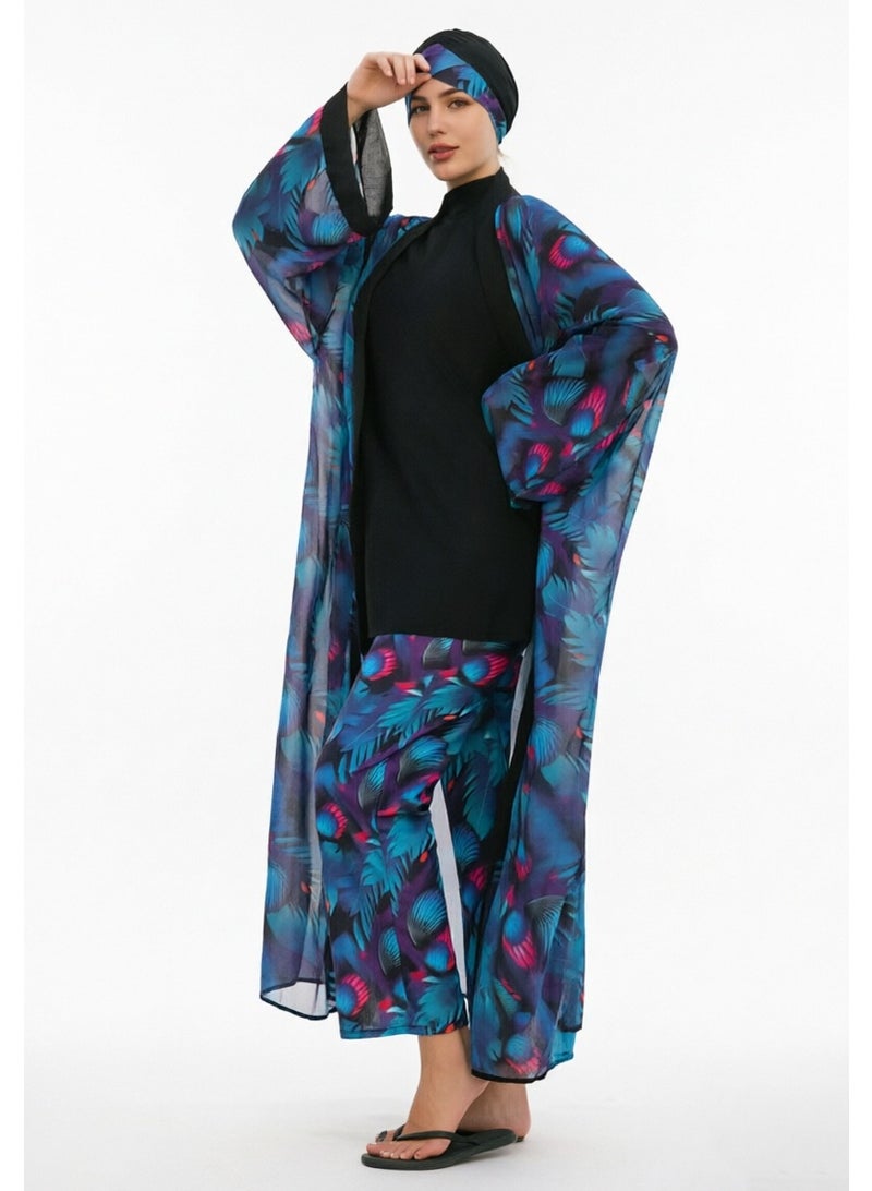 liannaner Women 3PCS Peacock Print Modest Burkini Swimwear Set, Sheer Open Front Kimono Cover Up Cardigan + Solid Black Swim Top + Printed Pants + Matching Turban Hijab, Full Coverage Islamic Muslim Bathing Suit Beach Pool Outfit - Image 1