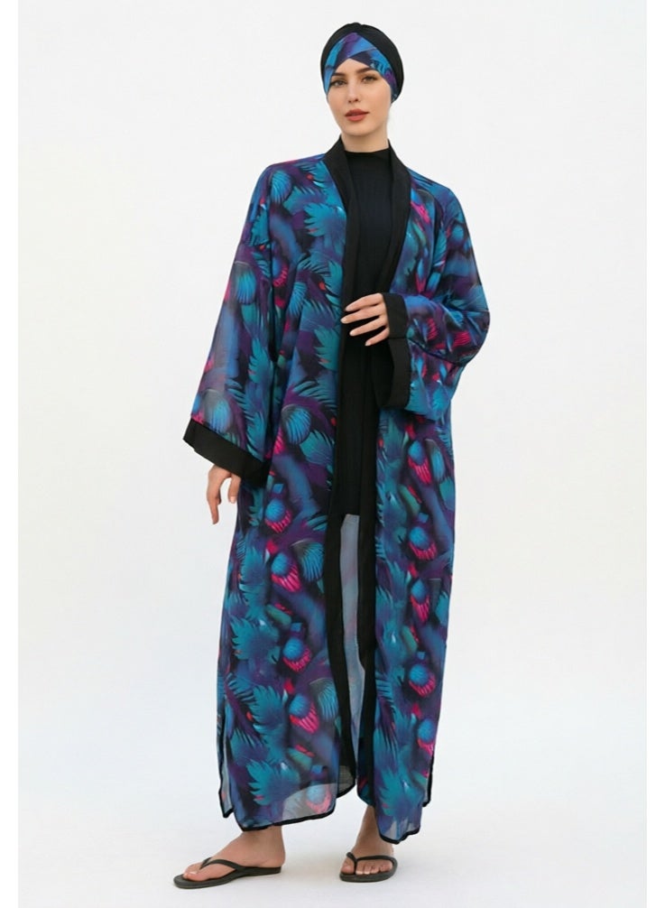 liannaner Women 3PCS Peacock Print Modest Burkini Swimwear Set, Sheer Open Front Kimono Cover Up Cardigan + Solid Black Swim Top + Printed Pants + Matching Turban Hijab, Full Coverage Islamic Muslim Bathing Suit Beach Pool Outfit - Image 4