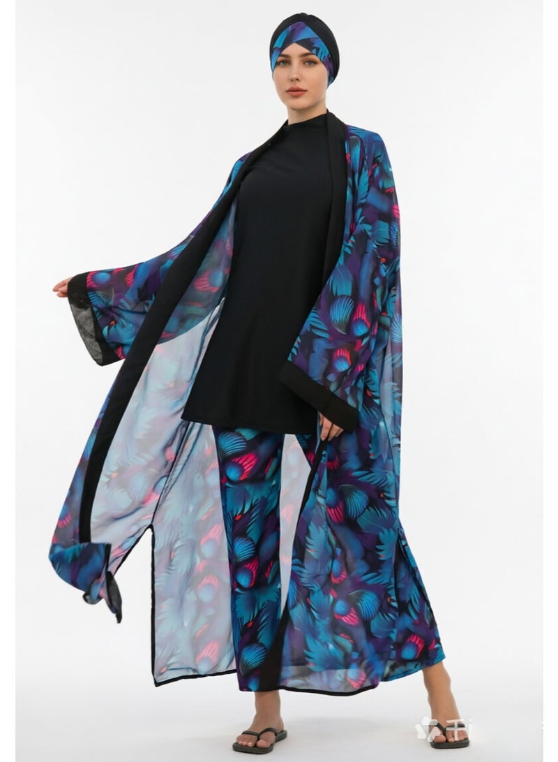 liannaner Women 3PCS Peacock Print Modest Burkini Swimwear Set, Sheer Open Front Kimono Cover Up Cardigan + Solid Black Swim Top + Printed Pants + Matching Turban Hijab, Full Coverage Islamic Muslim Bathing Suit Beach Pool Outfit - Image 3