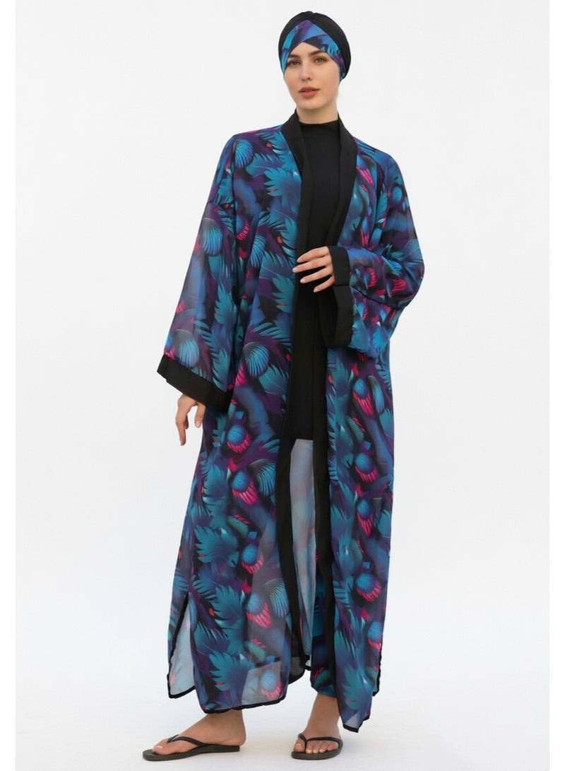 liannaner Women 3PCS Peacock Print Modest Burkini Swimwear Set, Sheer Open Front Kimono Cover Up Cardigan + Solid Black Swim Top + Printed Pants + Matching Turban Hijab, Full Coverage Islamic Muslim Bathing Suit Beach Pool Outfit - Image 2