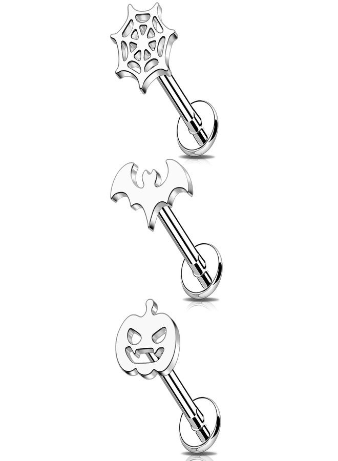 Melighting MeIighting 3PCS Bat Cartilage Earring 16G 8mm Halloween Helix Earring Internally Threaded Stainless Steel 316L Helix Stud Pumpkin Tragus Piercing Spider Web Flat Back Earring For Women - Image 1